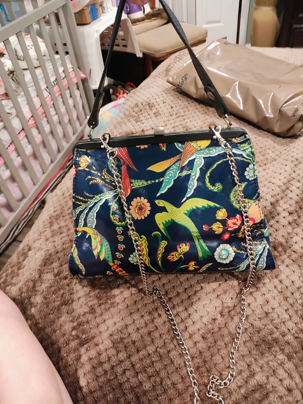 Patricia Nash Navy Floral & Bird Frame-Top Shoulder Bag